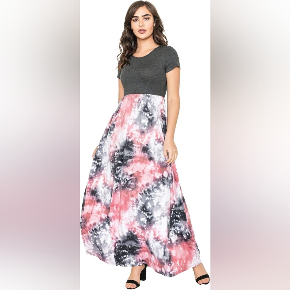 Eloges Pink and Gray Tie-Dye Maxi Dress Plus Size 1X